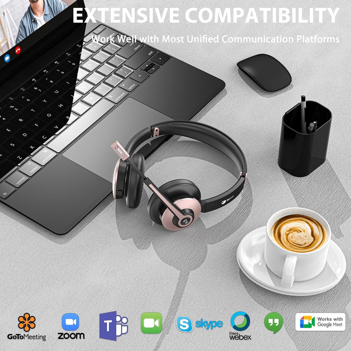 Wireless Headset with Mic for Work, Bluetooth Headphones with Microphone Noise Canceling & USB Dongle, Handsfree 26+ Hours Battery & Mute Button, for Office/Call Center/Laptop/MS Teams/Conference