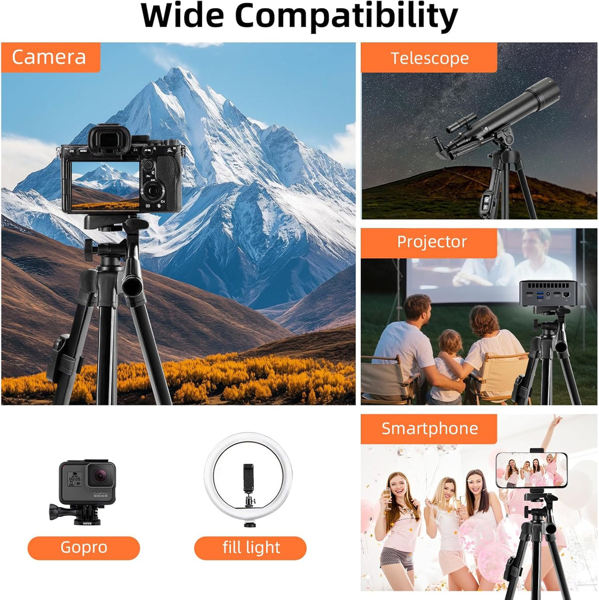 Fotopro 51'' 3-Way Camera Tripod, Lightweight Portable Travel Tripods for Camera and Phone with Head Remote Control
