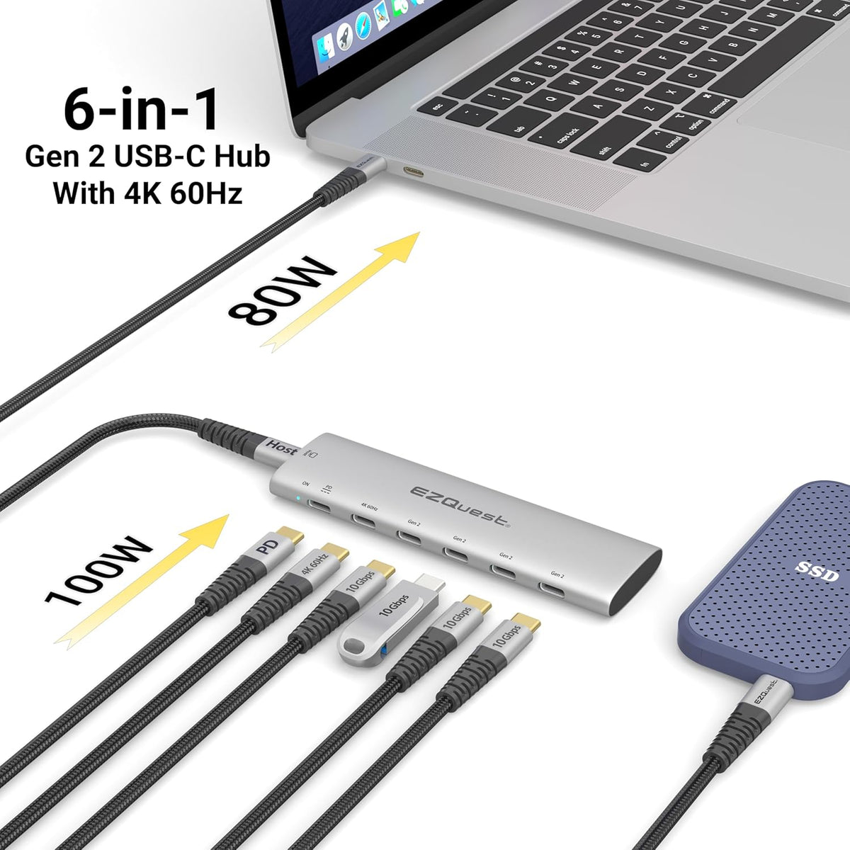 EZQuest USB-C Slim Gen 2 Hub Adapter 6-in-1 1 USB-C 4K/60Hz Video, 4 USB-C Gen 2 10Gbps, and 1 USB-C Power Delivery 3.0
