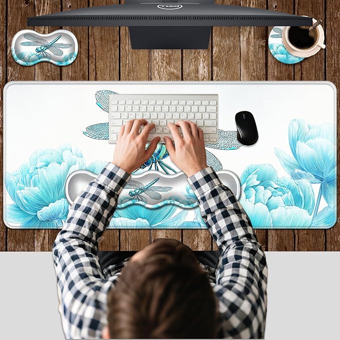 Ergonomic Keyboard Wrist Rest & Mouse Pad Wrist Rest SetXL Gaming Desk Mat 31.5x 11.8Non-Slip BaseMemory FoamEasy Typing Pain Relief for Office & HomeDragonfly Blooming Flower