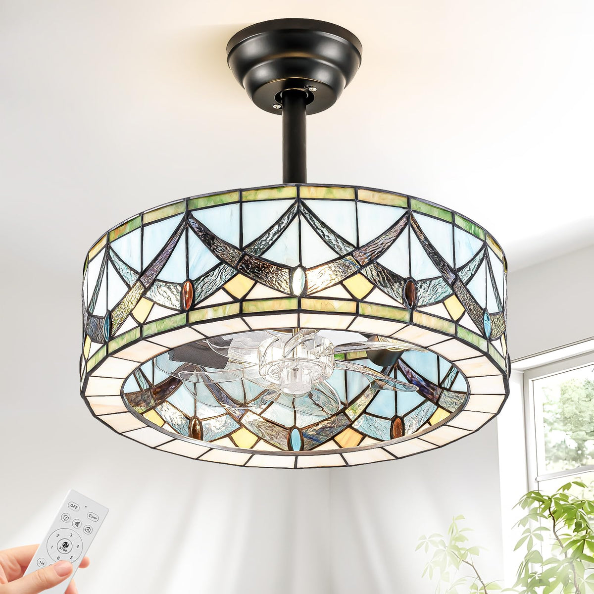 XYLLIFY Tiffany Style Caged Ceiling Fan with Lights - Black Low Profile Flush Mount Chandelier with Remote, 6 Speeds, Handmade P