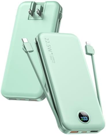 Portable Power Bank, 12000mAh 22.5W Phone Charger with Built-in Cables and Wall Plug, USB C Fast Charging Battery Bank with Smart LED Display, External Battery Pack for iPhone, iPad, Samsung etc Green