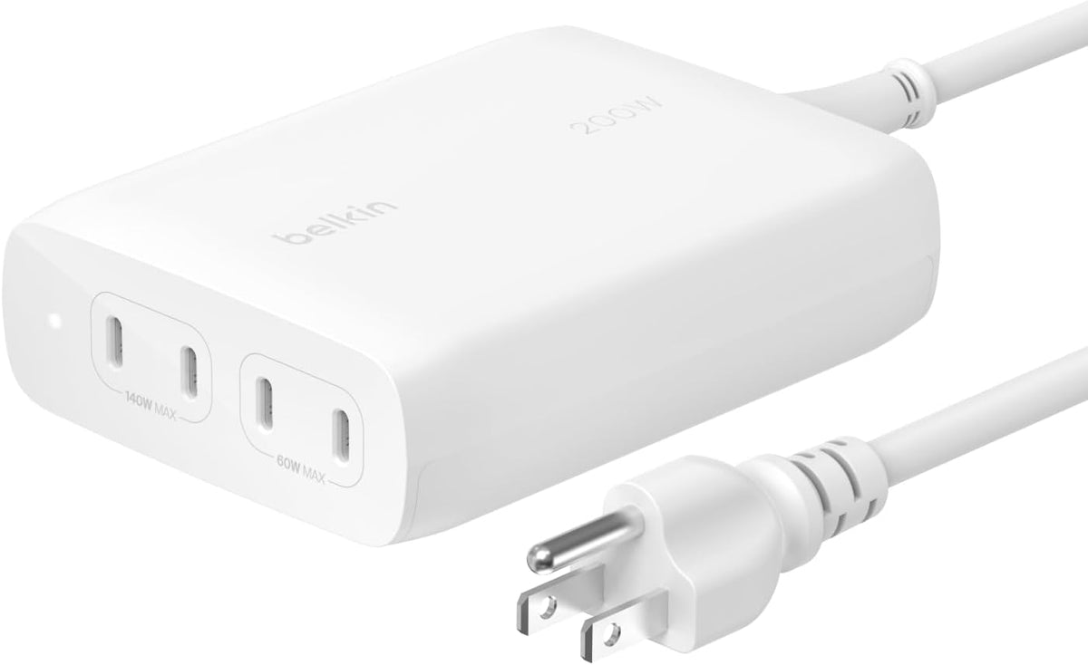 Belkin 4-Port USB C Charger Block 200W - GaN Multi-Port Charger USB-C PD 3.1 Fast Charge + 5ft Power Cord - MacBook, iPhone 16, iPad, Galaxy S25, Google Pixel, Nintendo Switch 2 - White