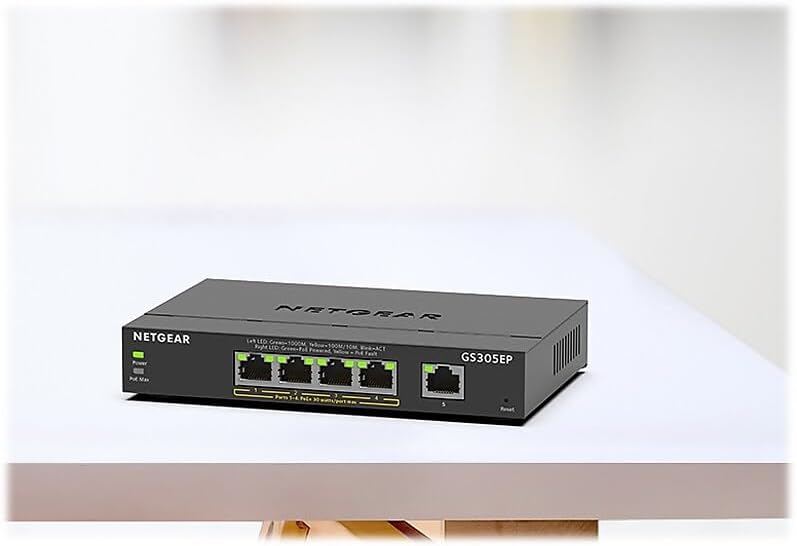 NETGEAR 5 Port PoE Gigabit Ethernet Easy Smart Managed Essentials Switch (GS305EP) - with 4 x PoE+ @ 63W, Desktop or Wall Mount