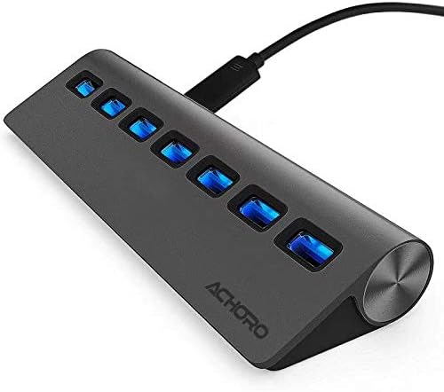 Achoro 7 Ports USB 3.0 Hub - Triangle Aluminum Alloy - High-Speed USB Port Expander - Compatible with PC, iMac, MacBook, Windows, Desktop, and More – Computer Multiple USB HUB (Space Grey)