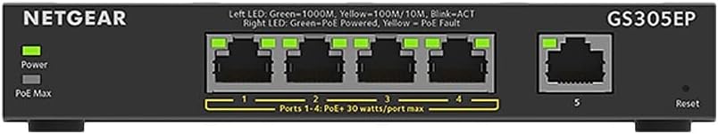 NETGEAR 5 Port PoE Gigabit Ethernet Easy Smart Managed Essentials Switch (GS305EP) - with 4 x PoE+ @ 63W, Desktop or Wall Mount
