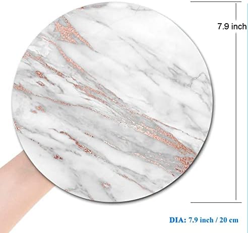 Premium Textured Round Mouse Pad - White Rose Gold Marble, Washable with Lycra Cloth, Non-Slip Rubber Base for Wireless Mouse