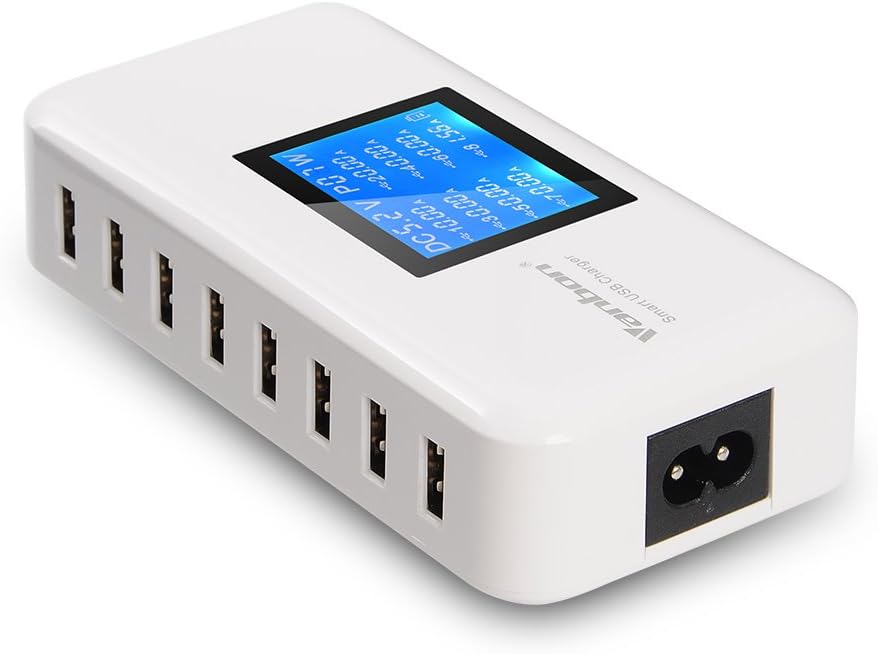 60W 8-Port USB Wall Charger, Multi Port USB Charger Charging Station W/LCD Compatible with Smart Phone, Tablet and Multiple Devices