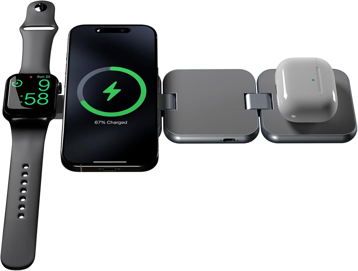 3 in 1 Charging Station for Apple Devices, Magnetic Foldable Wireless Charger, 15W Fast Charging for iPhone 12/13/14/15/16, Watches, and Earbuds, Compact Travel Design, Metal Frame