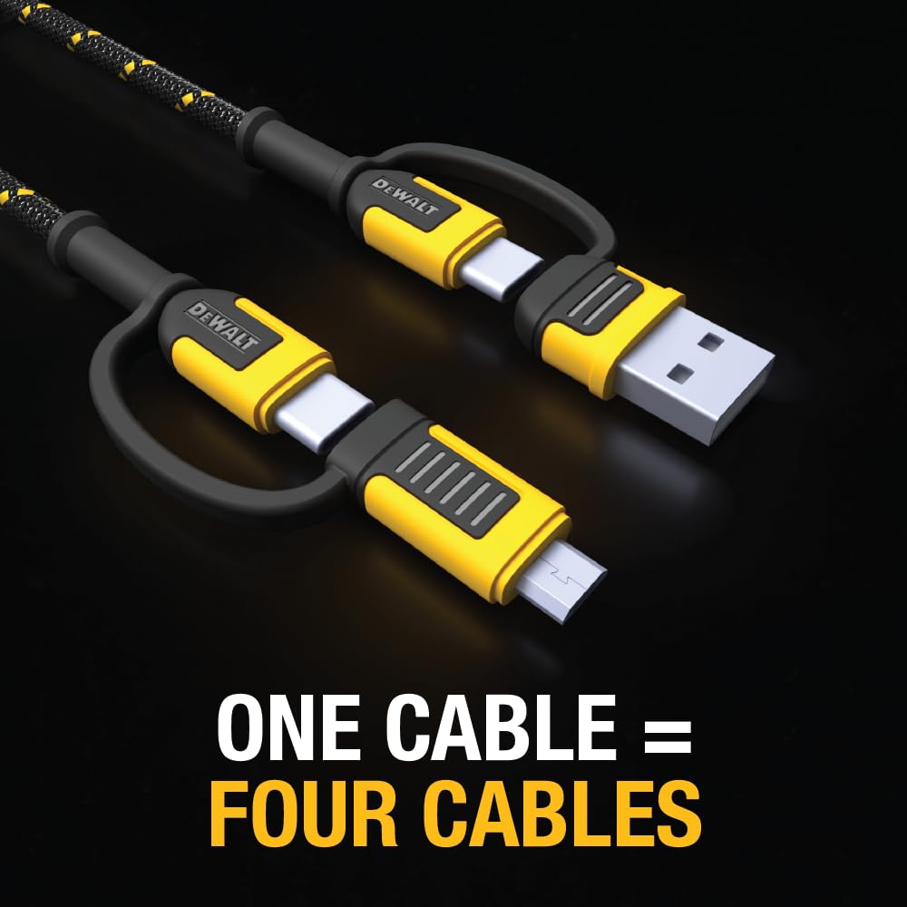 DEWALT Heavy Duty 4-in-1 Cable, Type C/Micro USB/USB Cable for iPhone 16, iPhone 15, iPad Charger USB C, Huawei, HTC, LG, Samsung Galaxy, Android Smartphones, iPad Pro, Micro C Charging (6ft, Black)