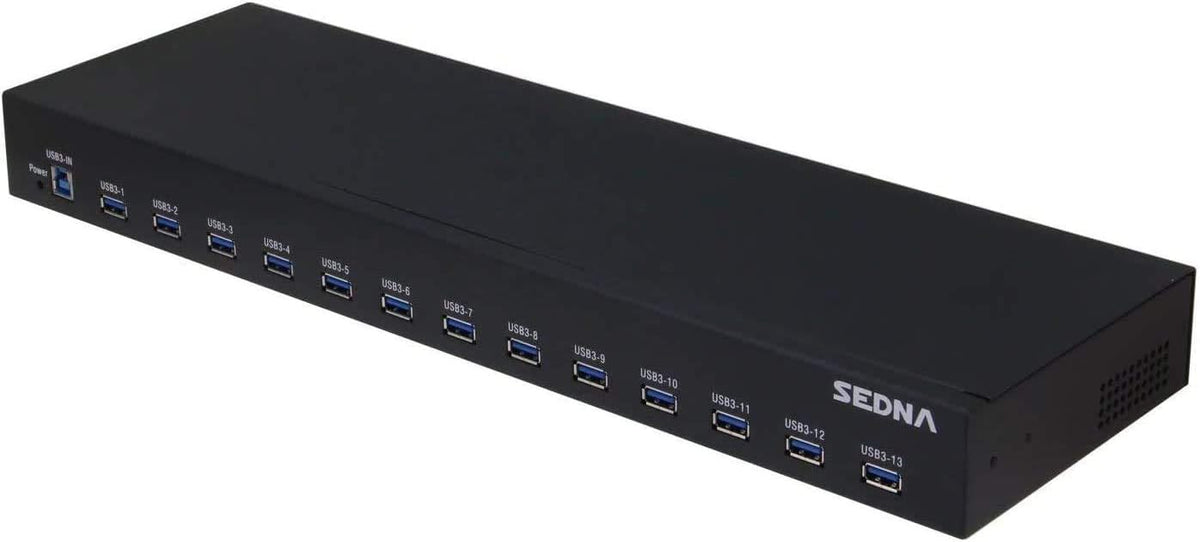 SEDNA - 19 Inch 1U Rack Mount 13 Port USB 3.2 Gen I Hub (5Gbps) - with 5V 10A AC/DC Adapter