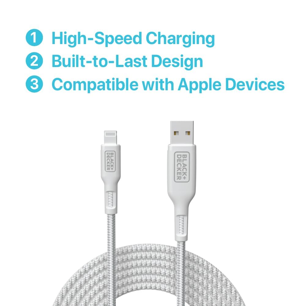 BLACK+DECKER Lightning to USB Cable - Fast Compatible iPhone Lightning Cable - Durable Braided iPhone Charger Cord - for Travel and Daily Use - Multiple Color + Length Options - 3ft