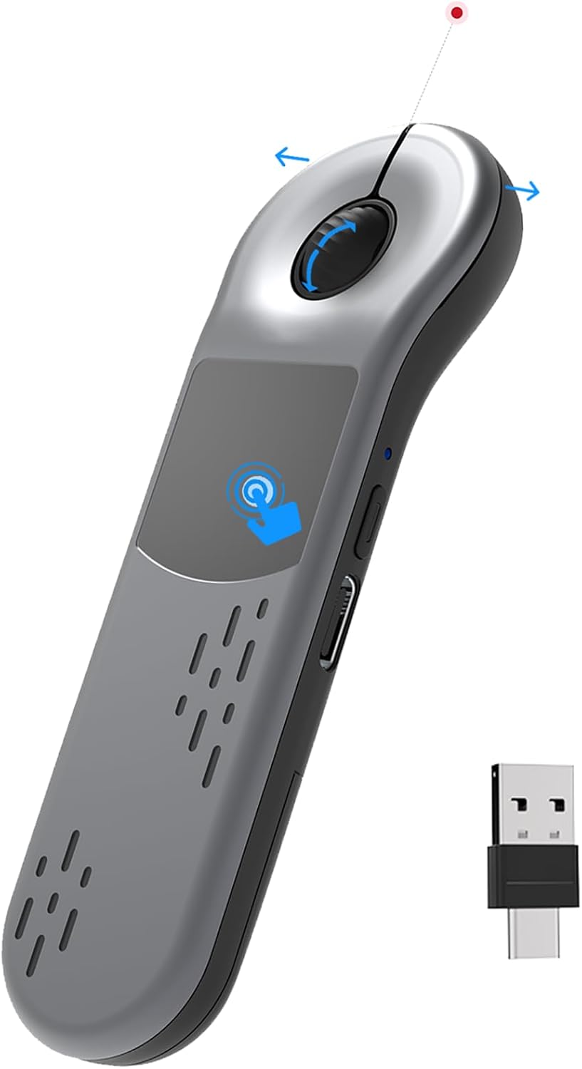 Rechargeable Air Mouse for PC/iOS/Android with Touchpad Wireless PPT Presenter with Bluetooth 2.4G, Works with PowerPoint/Keynote/TikTok/Camera/Kindle App (Silver)