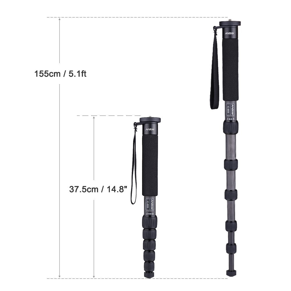 Andoer C-555 155cm/5.1ft Carbon Fiber Camera Monopod Unipod Stick 6-Section with Carry Bag Max. Load 10kg/22Lbs for Nikon Canon Sony A7 Pentax