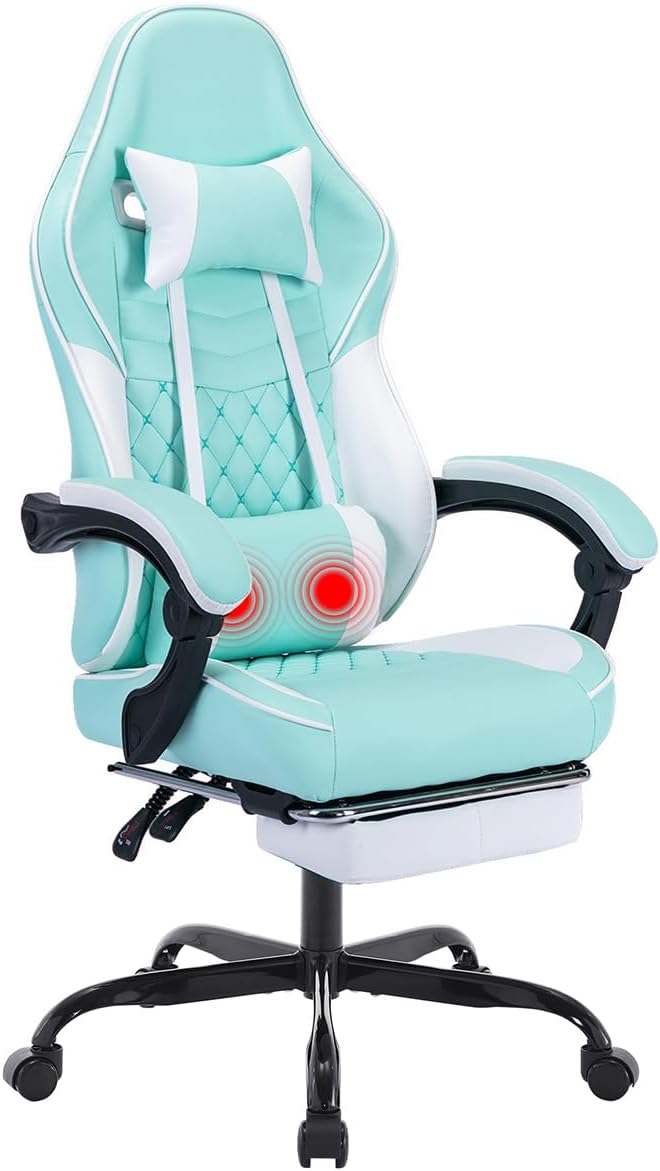 Leather Video Game Chairs Ergonomic Gamer Chairs for Adults Green Gaming Chair with Adjustable Support &amp Footrest (Green)