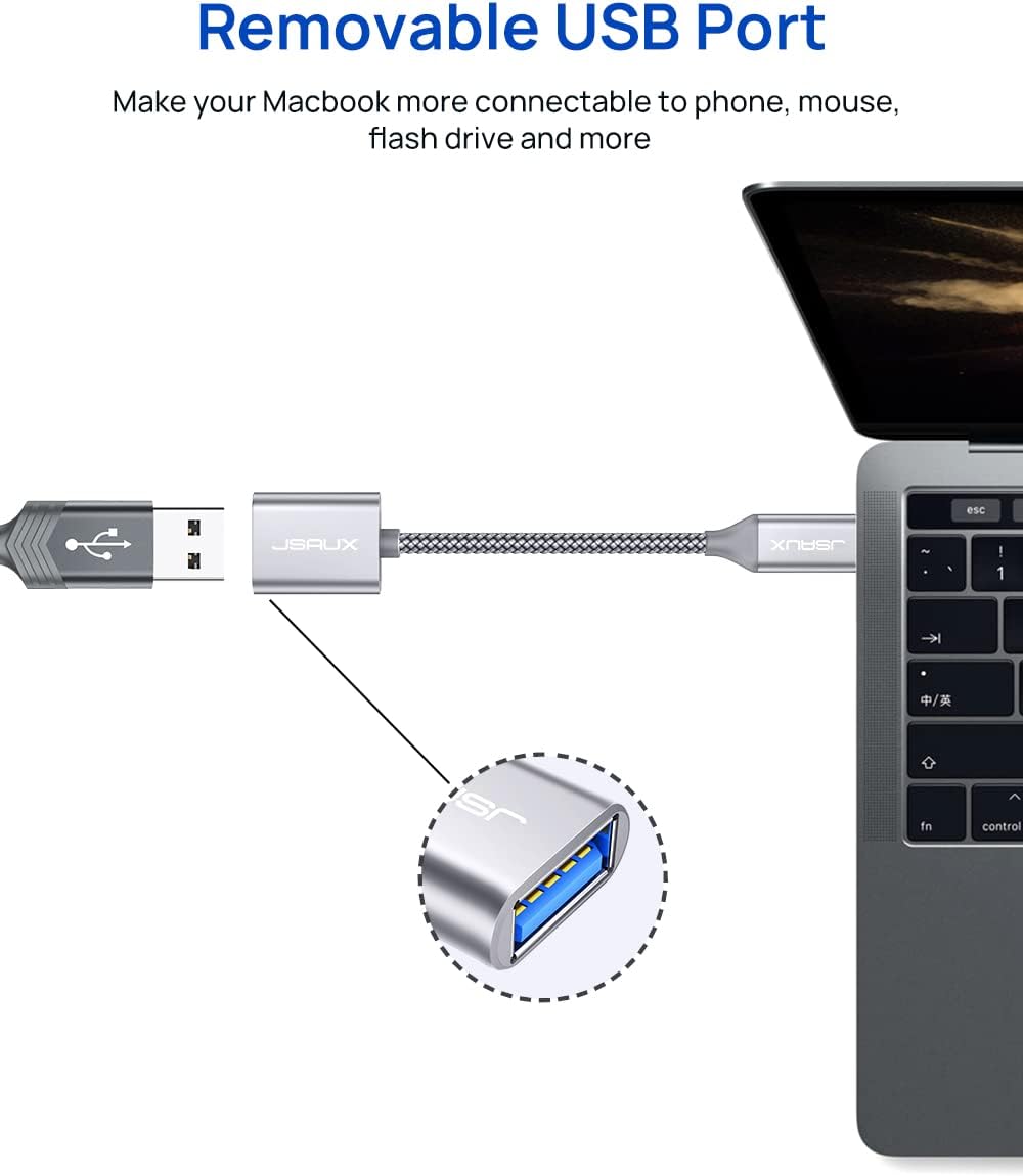 JSAUX USB C to USB Adapter [2 Pack], USB Type C Male to USB 3.0 Female OTG Cable Thunderbolt3 to USB Adapter Compatible with MacBook Pro/Air 2019 2018 2017, Galaxy S23 S23+ Ultra Note 10 S9 S8-Silver