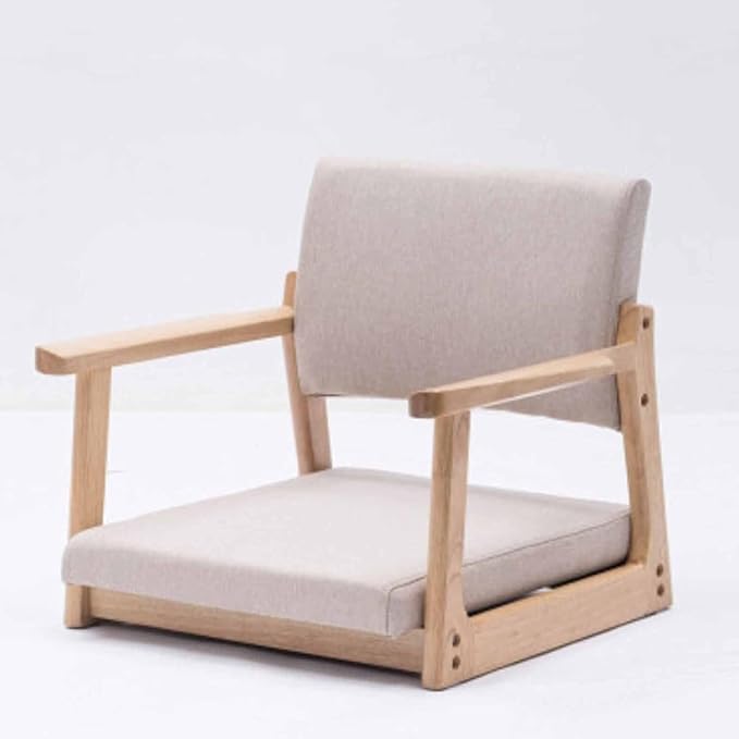 BTZHY Floor Chair Solid Wood Legless Tatami Chair with Armrests and Backrest Floor Chair Comfort Cushion Low Footstool for Windowsill Office and Home(Khaki)