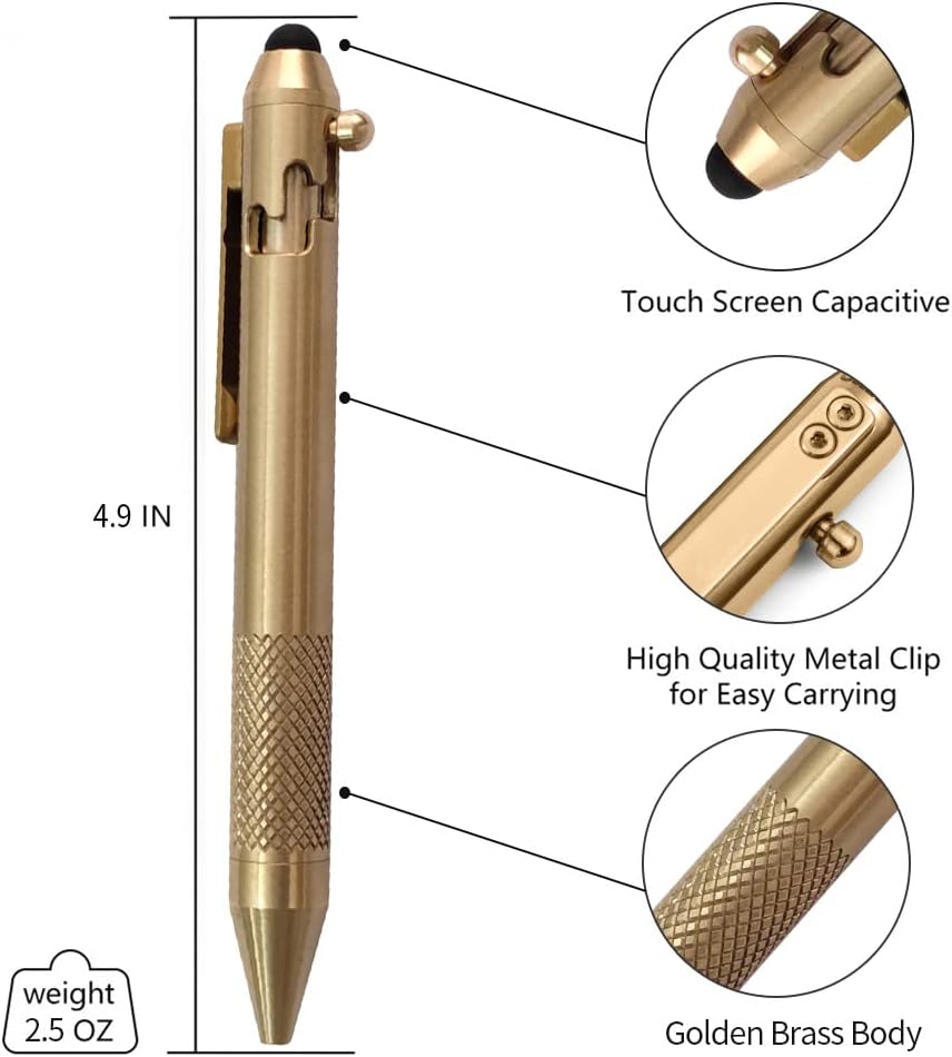 Cool Hand 4.9'' Brass Bolt Action Pen with Retractable Stylus Tip for Any Touch Screen, Ballpoint Ink Refillable, Compact Size, Skelton Out Deep Pocket Clip (Brass)