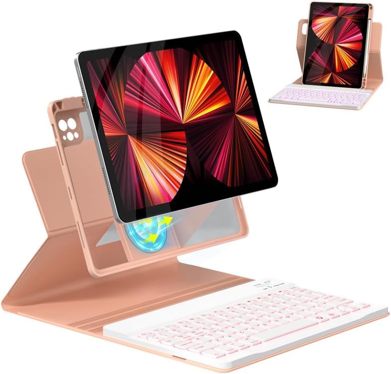 Magnetic Keyboard Case for iPad Air 5th 4th Generation 10.9 inch Pro 11 1st/2nd/3rd/4th, 7 Color Backlight BT Keyboard Folio with Pencil Holder 2022 2021 2020 2018 (Pink)