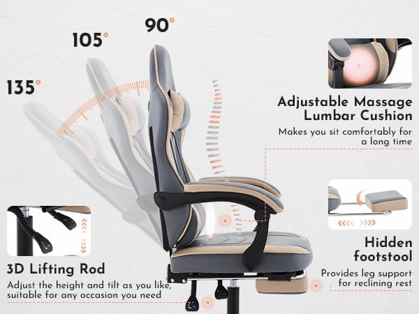 Beige+Blue Ergonomic Gaming Chairs for Adults Swivel Height Adjustable Comfortable Office Desk Chair with Footrest and Lumbar Support PU Upholstered Computer Chair with Headrest (Beige+Blue)
