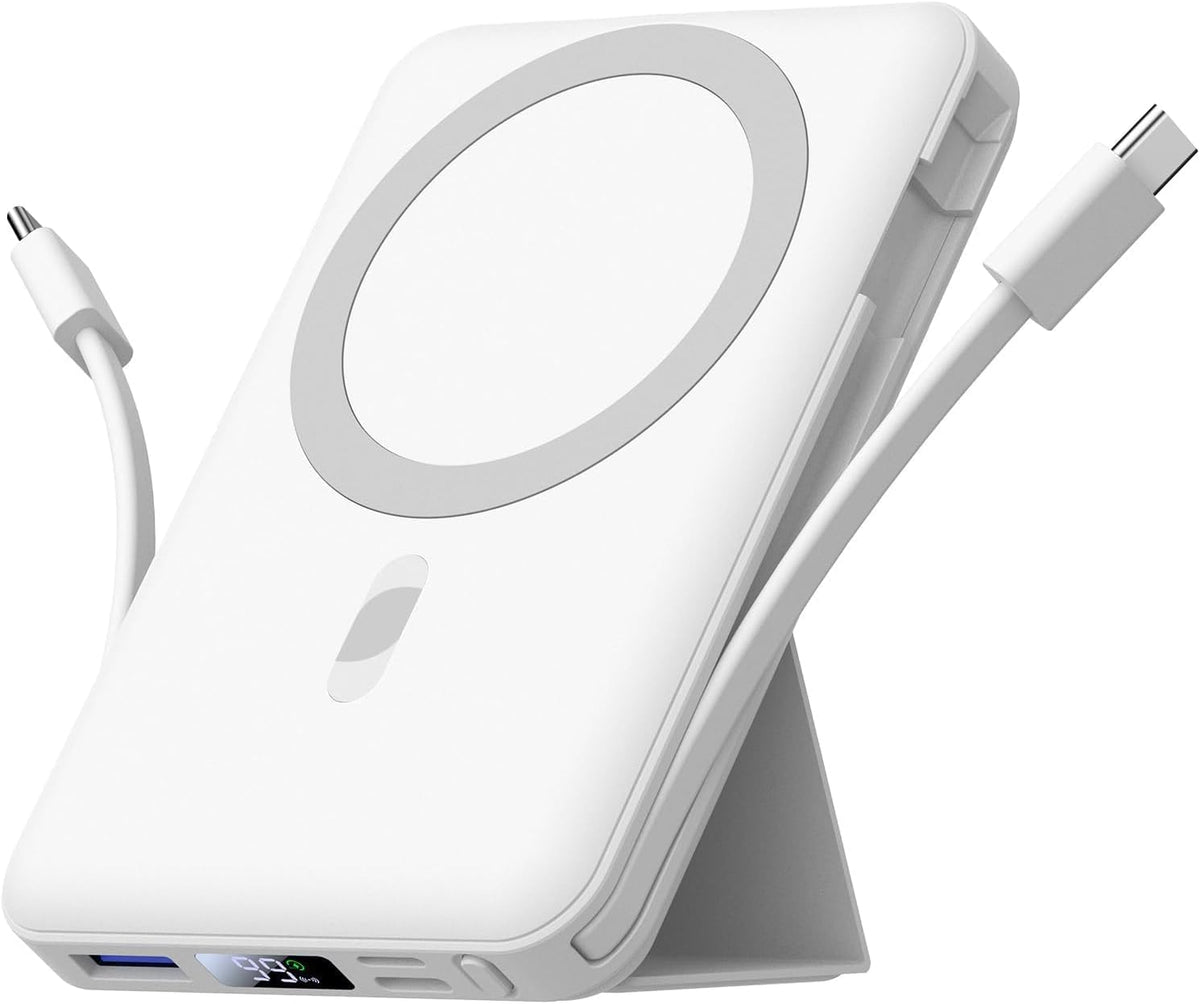 Azmuth for Magsafe Battery Pack, 10000mAh Magnetic Power Bank 22.5W PD Fast Charging with USB-C Cable LED Display Wireless Portable Charger with Stand for iPhone 16/15/14/13/12/Pro (White)