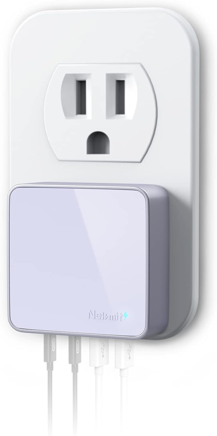 Nekmit USB C Charger, Thin Flat 52W 4-Port Fast Wall Charger with Two 20W Power Delivery and 2 USB Port for iPhone 14/14 Pro/14 Pro Max, Galaxy, Pixel, iPad Pro, AirPods Pro and More, Purple