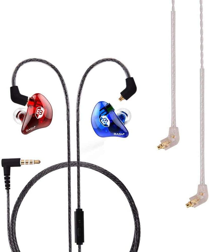 BASN Professional in Ear Monitor Headphones for Singers Drummers Musicians with MMCX Connector IEM Earphones (Lux Clear Red Blue)
