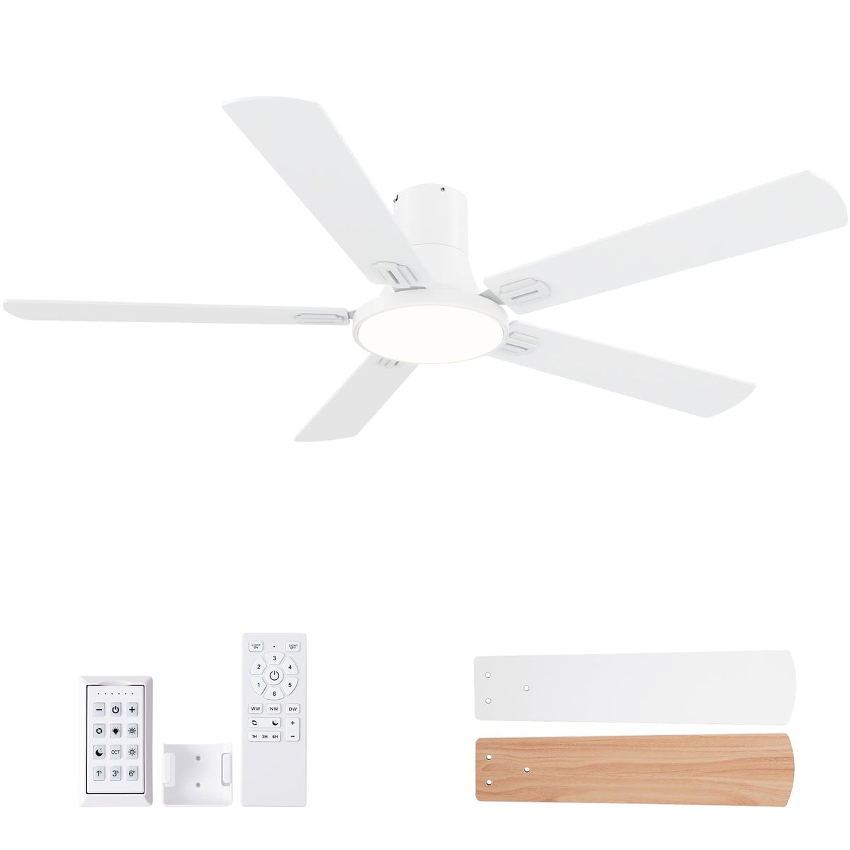 SNJ 60 Inch White Ceiling Fans with Lights and Remote,Flush Mount Low Profile 5 Blades Ceiling Fan,Dimmable Quiet Reversible DC