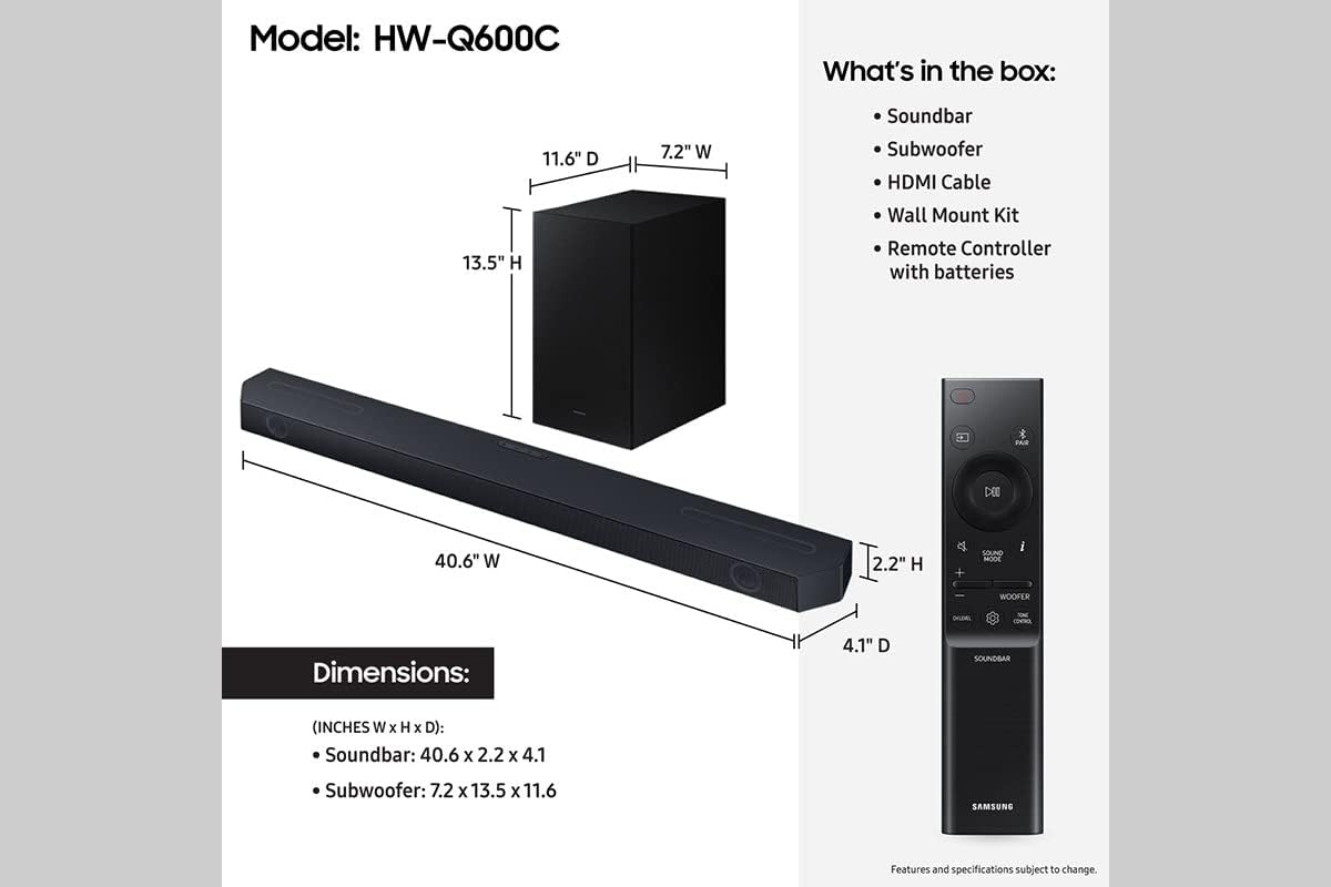 Samsung HW-Q600C 3.1.2ch Soundbar w/Dolby Audio, Q-Symphony, Adaptive Sound, HDMI eARC, Game Mode Pro, Bluetooth, Acoustic Beam, Tap Sound