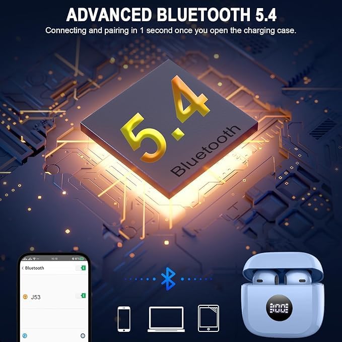 Wireless Earbuds Bluetooth 5.4 , Ear Buds LED Power Display Headphones 6D Stereo, Bluetooth Earbuds in-Ear Noise Cancelling Mic, 40H Playback Mini Case IP7 Waterproof Sports Earphones for Android iOS