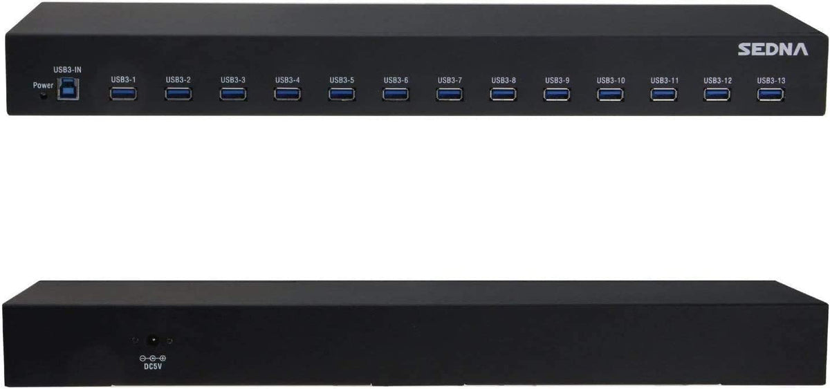 SEDNA - 19 Inch 1U Rack Mount 13 Port USB 3.2 Gen I Hub (5Gbps) - with 5V 10A AC/DC Adapter