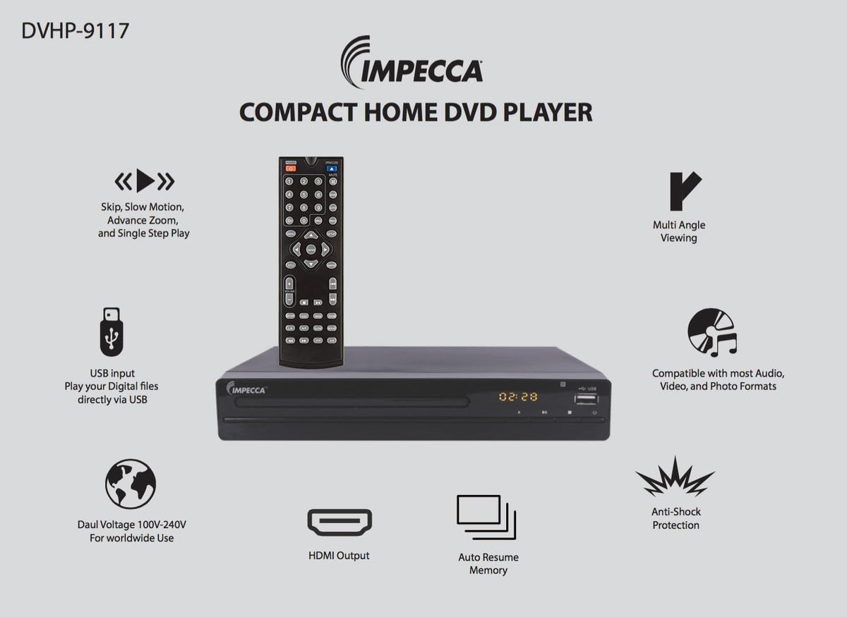 Impecca MP3 1080P, 2.0 100-240V DVHP9117 DVD Player for TV Multi-Region HDMI, RCA AV Cable, USB, CD Playback