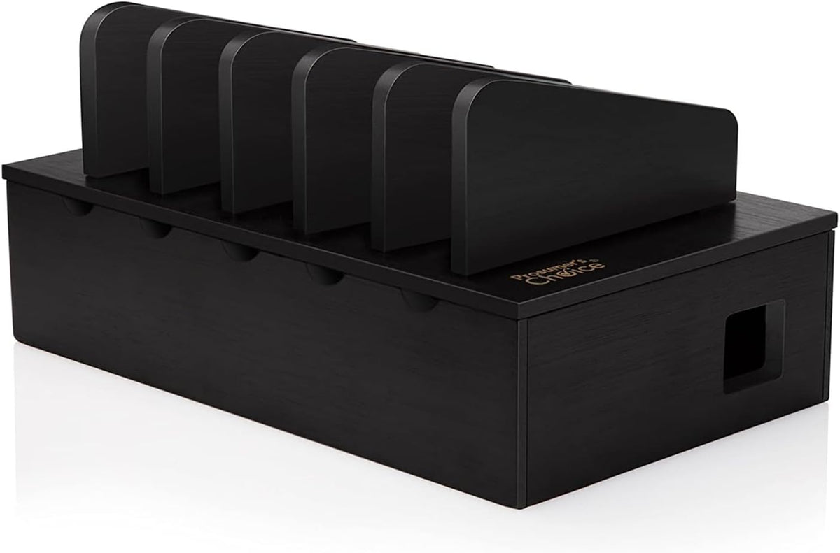 Prosumer's Choice Charging Station for Multiple Devices - 5 Device Charger Organizer for Smartphones and Tablets - Wooden Rack with Removable Dividers - Charging Dock for Work from Home - Black