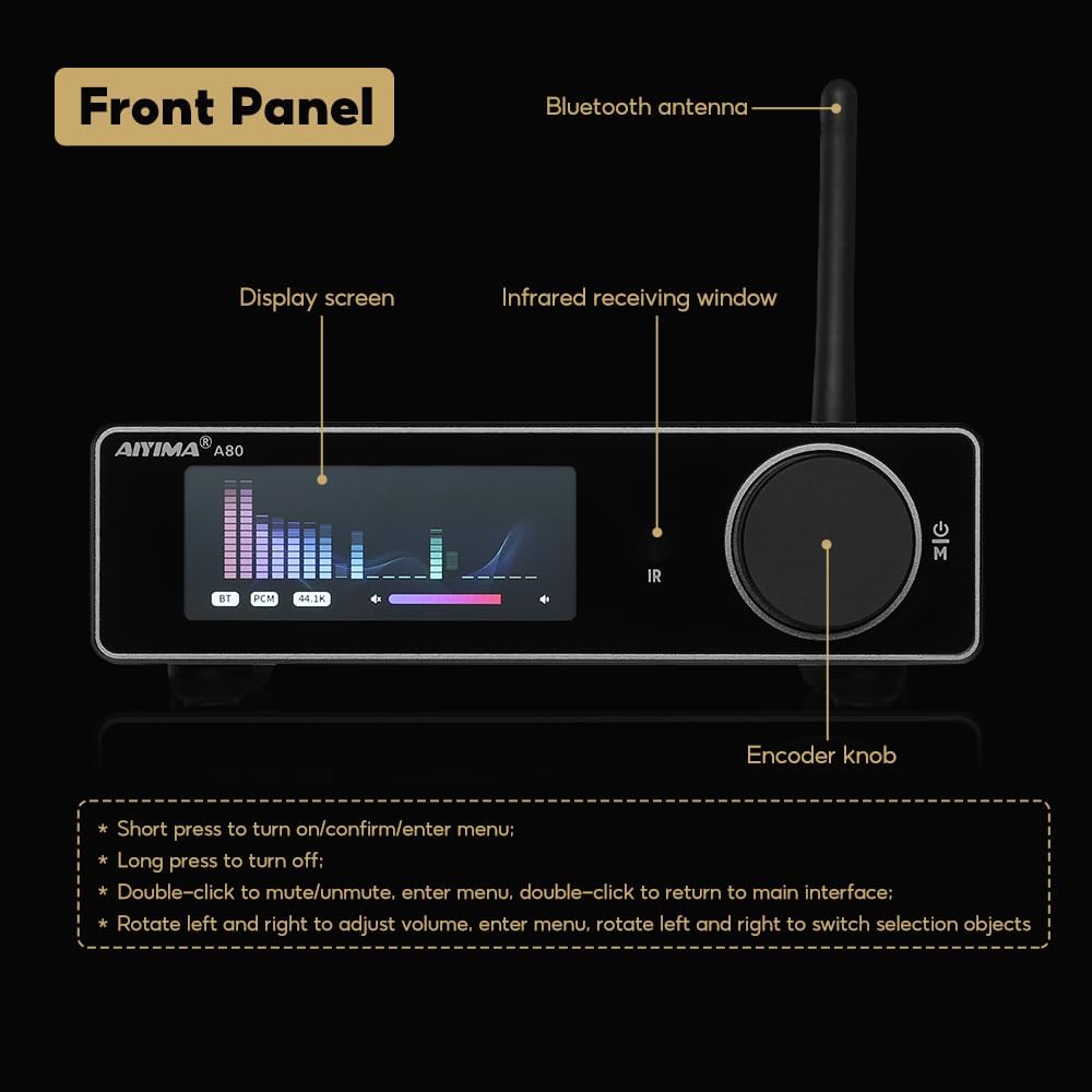 AIYIMA A80 Bluetooth Amplifier DAC Stereo HiFi Home Audio Receiver with PFFB 2.0 Channel Hi-Res Class D Power Amp with PC-USB Coaxial Optical TRS RCA Input