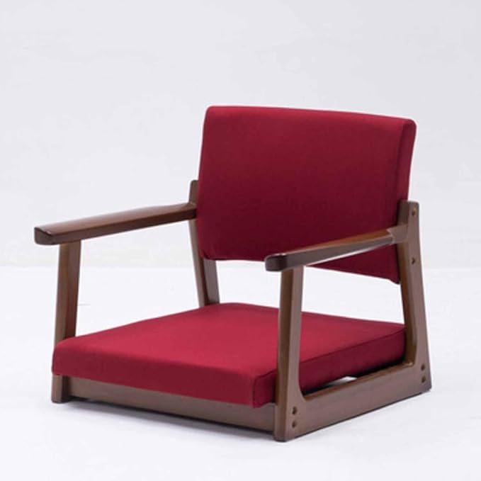 BTZHY Floor Chair Solid Wood Legless Tatami Chair with Armrests and Backrest Floor Chair Comfort Cushion Low Footstool for Windowsill Office and Home(Red)