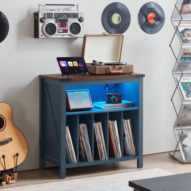 Large Record Player Stand with Charging Station & LED Lights, Vinyl Records Storage Holder Cabinet Holds up to 230 Albums, Turntable Stand for Music Room, Bedroom, Living Room, Office (Blue)