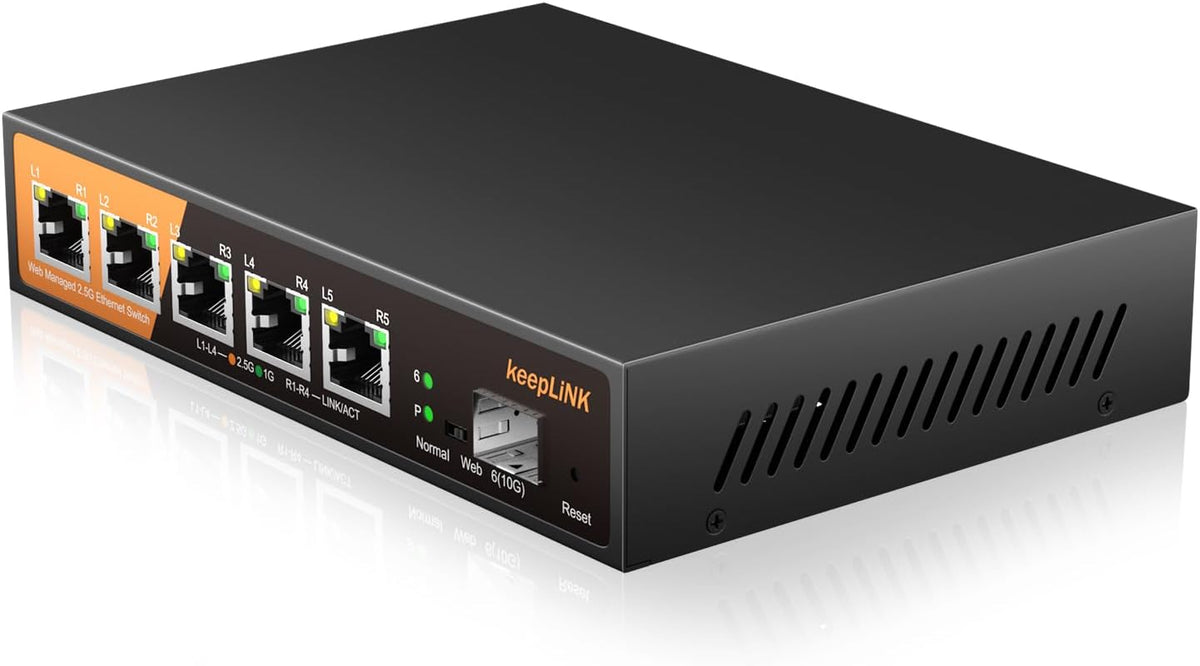 6 Port 2.5G Web Smart Managed Ethernet Switch with 5 x 2.5G Base-T Ports, 1 x 10G SFP+, Static Aggregation, QoS/VLAN/IGMP, Metal Housing Fanless, Desktop/Wall-Mount