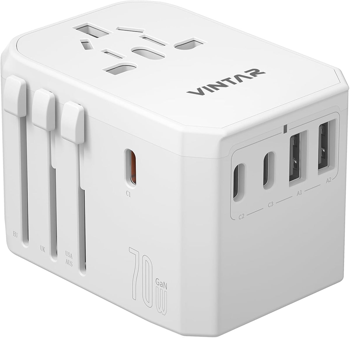 Universal Travel Adapter, VINTAR 70W GaN International Power Adapter with 5 USB Ports (3 USB-C), All-in-one Travel Essentials Plug Adaptor, Travel Adapter Worldwide for UK/EU/USA/AUS, White