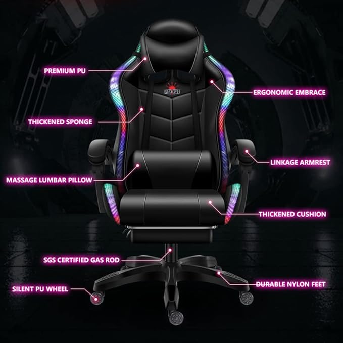 RGB Video Gaming Chairs with Speakers Ergonomic Pro Gaming Chair with Full Massage Lumbar Support and Retractible Footrest Adjustable Backrest Computer Chair High Back Recliner ChairPink