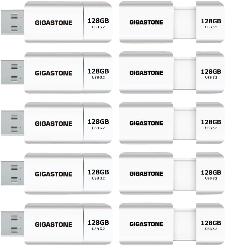 GIGASTONE 128GB Flash Drive (10 Pack) Z60 USB 3.2 Gen 1, 120MB/s Ultra Fast, Retractable Capless Slider Design, Data Storage, Backup for PC/Mac/TV/Car Audio, USB 2.0/3.0/3.1 Compatible