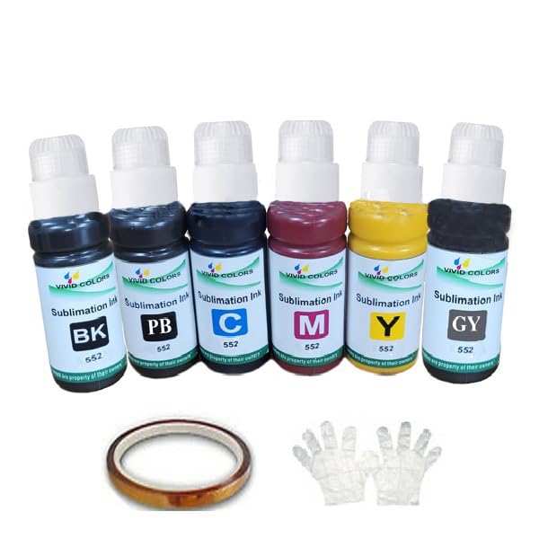 Vivid Colors VC T552 552 Dye Sublimation Ink 70ml / per Bottle Refill Bottle for ET-8500 ET-8550 Heat Press Transfer on DYI Mugs Plates T-Shirts (6