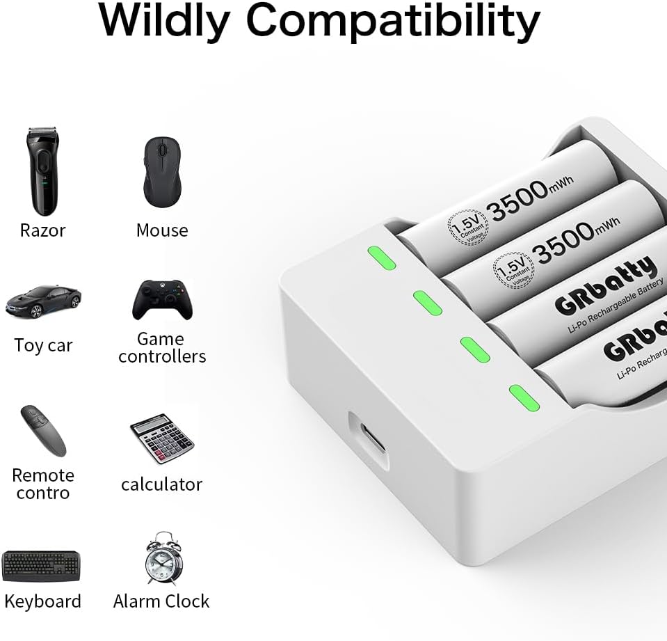 GRbatty 3500mWh 1500 1.5V, (4 Pack) Rechargeable AA Lithium Batteries, with AA and AAA Charger, Cycles for Household