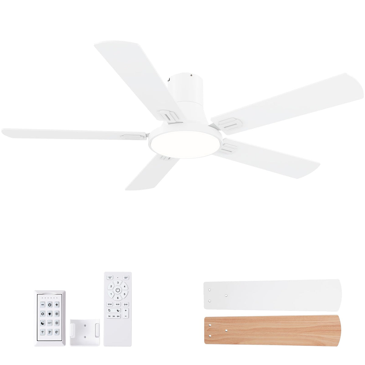 SNJ 52 Inch White Ceiling Fans with Lights and Remote,Flush Mount Low Profile 5 Blades Ceiling Fan,Dimmable Quiet Reversible DC