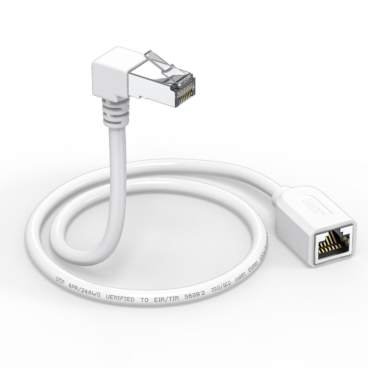Right Angle Ethernet Extension Cable Down Angle1.5ft-White, 90 Degree CAT6 Ethernet Patch Cable RJ45 LAN Cable Extender Male to Female Connector for Router Modem Smart TV PC Computer Laptop