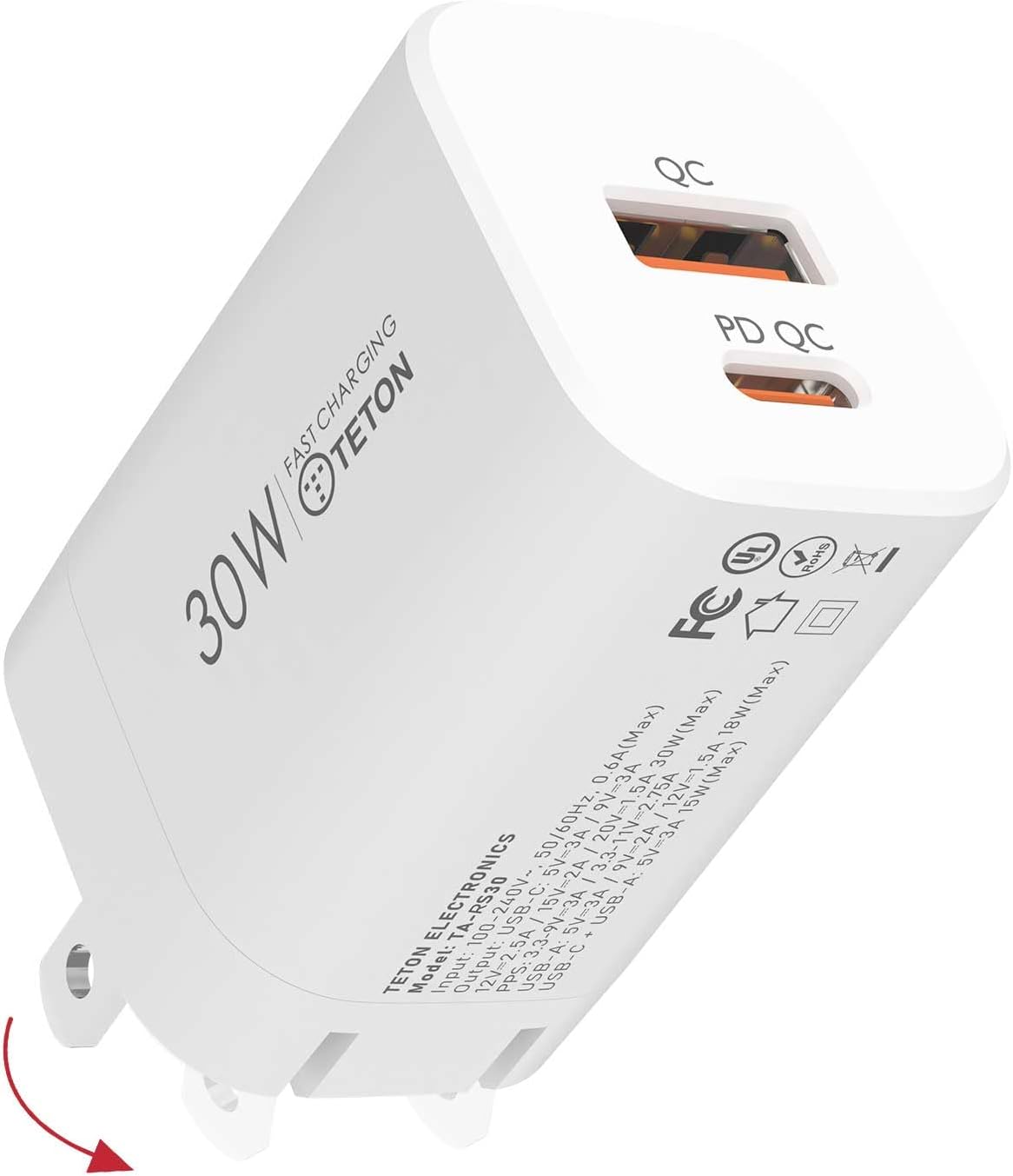 30W USB-C Fast-Charger Adapter,(Foldable) TETON ELECTRONICS PD Wall Charger Block PD QC 3.0 PPS Dual Port Type C Charger for iPhone16/15/14/13,Samsung S21/S22,Note 20,Pixel 7/8 pro,iPad, AirPods.
