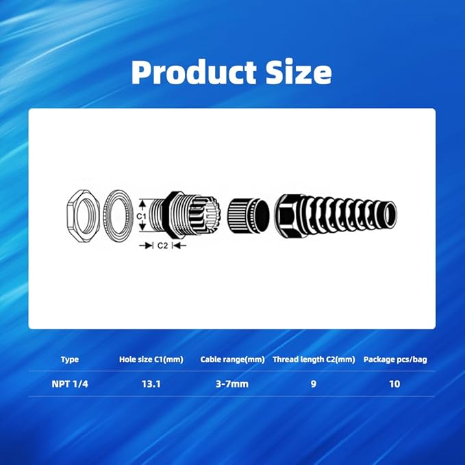 Strain Relief Cord Connector, CGELE 10 Pack NPT 1/4" Waterproof Cable Gland Cord Grip Spiral Adjustable Connector Strain Relief Cord Connectors Joints Nylon with Gaskets