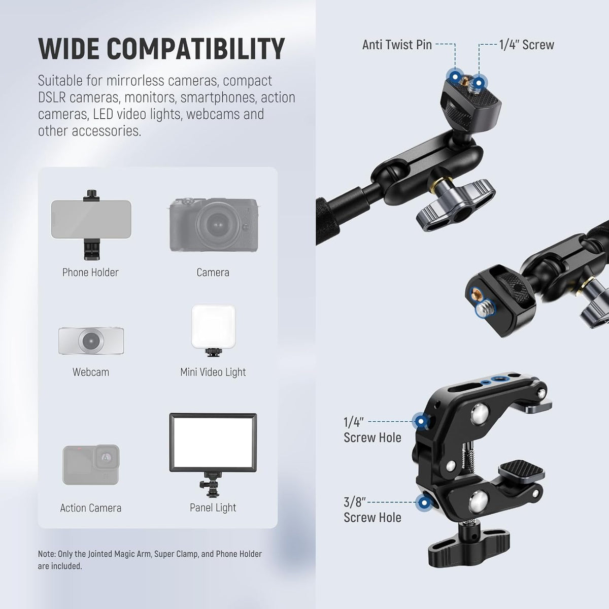 NEEWER 22" Magic Arm w Desk C Clamp, Overhead Camera Mount with Articulating Mic Boom Arm 1/4" 3/8" Threads for ARRI, Desktop Stand Holder for Phone Microphone Webcam Action Camera Video Light, UA057