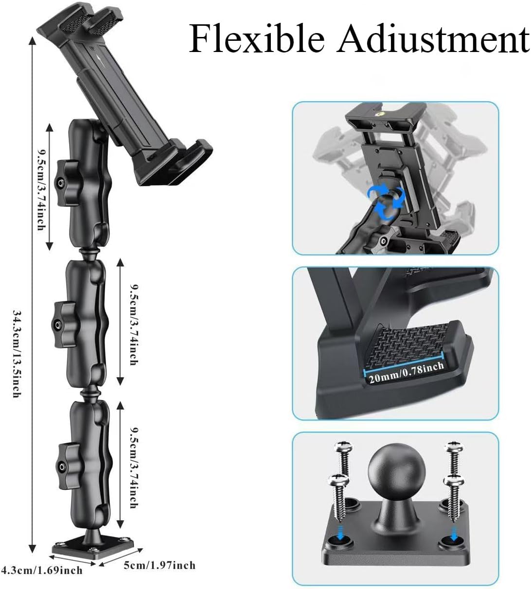 OHLPRO Heavy Duty Drill Base Tablet Mount Holder, 360° Adjustable iPad Mount Truck Dashboard, 3-Stage Stand for 5-13" iPad Pro Air Mini Galaxy Tab Switch, Tablet Vehicle for Car Wall Desk