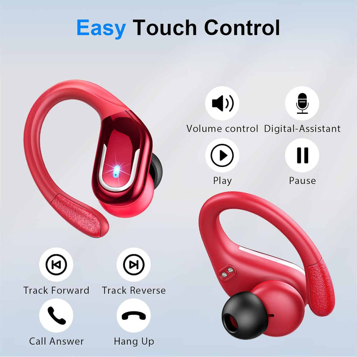 Ltinist Wireless Earbud, Bluetooh 5.4 Headphones Pure Bass Sound with Earhooks, 75H Battery in-Ear Sport Earbud with Dual-LED Display, IP7 Waterproof Earphones Built-in Microphone for Running, Red