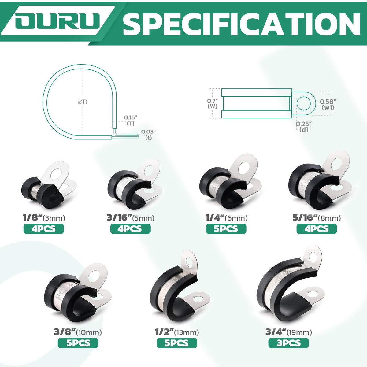 OURU 30PCS Cable Clamps Assortment Kit,7 Sizes—1/8" 3/16" 1/4" 5/16" 3/8" 1/2" 3/4" Stainless Steel Rubber Coated Cushioned Insulated Cable Clamp,Automotive Wire Pipe Clamps